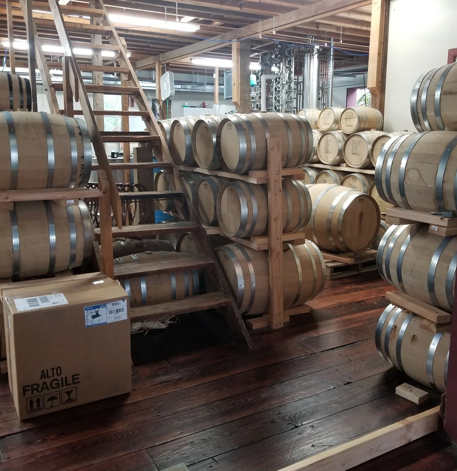 Barrels racked in the Milk Street barrel room.